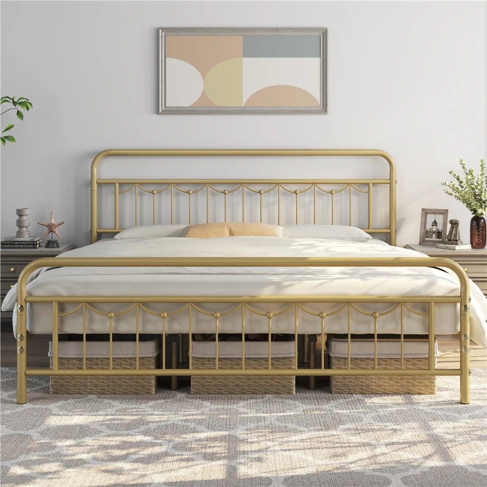 Queen Metal Platform Bed Frame with Vintage Headboard and Footboard B93508