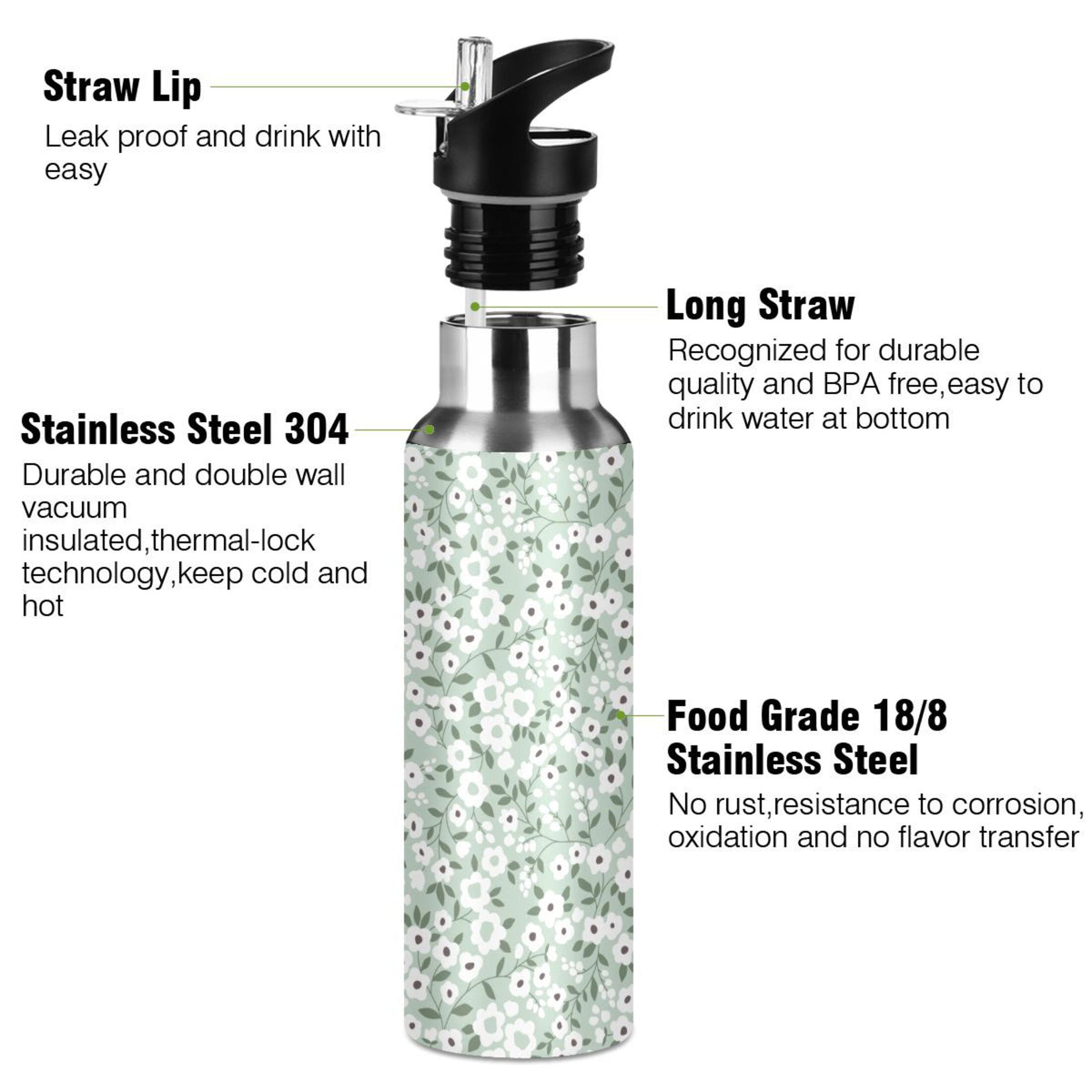 White Floral Green 20 OZ Stainless Steel Water Bottle with Straw Lid A1955