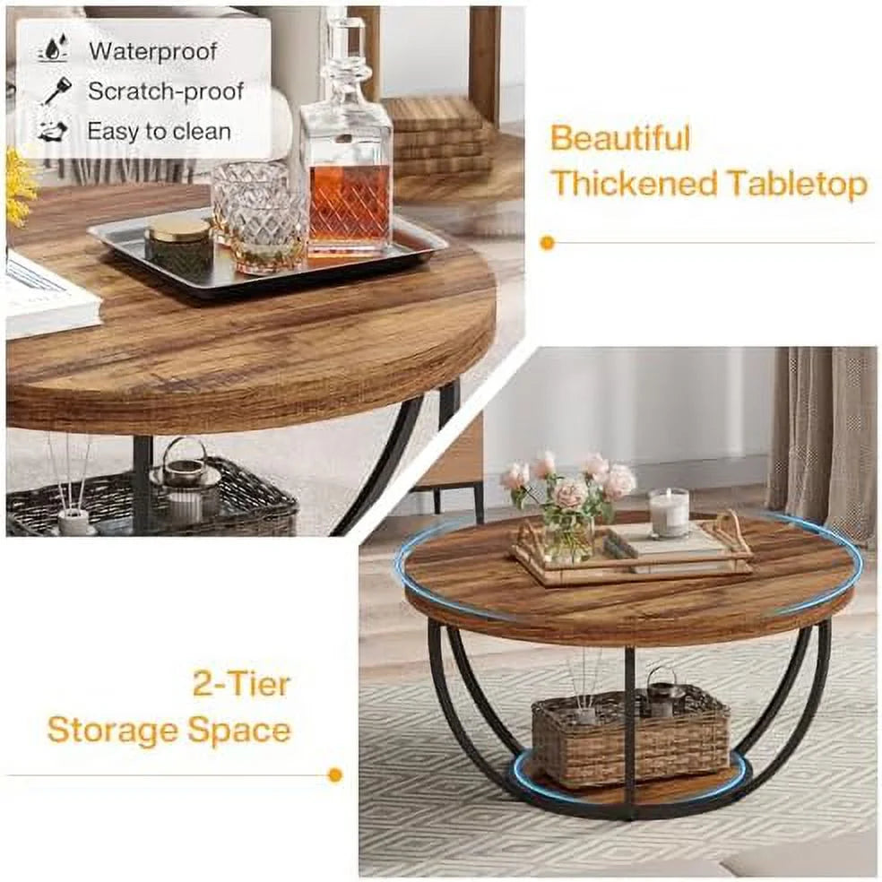 Round 2-Tier Wooden Coffee Table with Shelves Z809