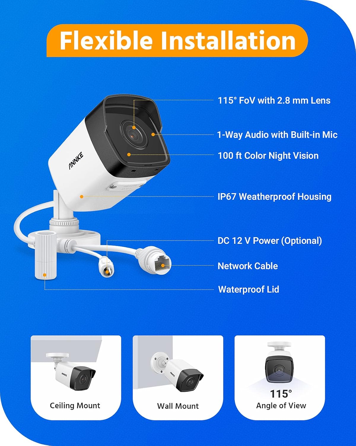 5MP PoE Outdoor Bullet Security Camera with 2.8mm Lens E15435