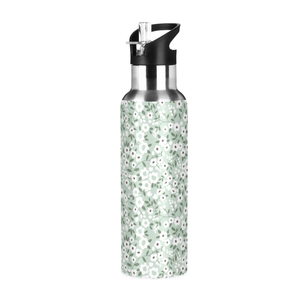 White Floral Green 20 OZ Stainless Steel Water Bottle with Straw Lid A1955