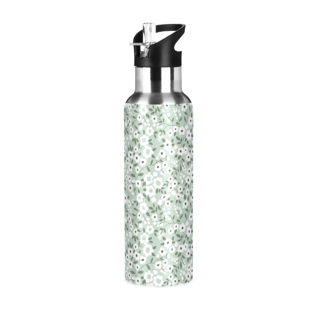 White Floral Green 20 OZ Stainless Steel Water Bottle with Straw Lid A1955