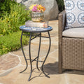 Blue and White Ceramic Tile Iron Frame Side Table W143