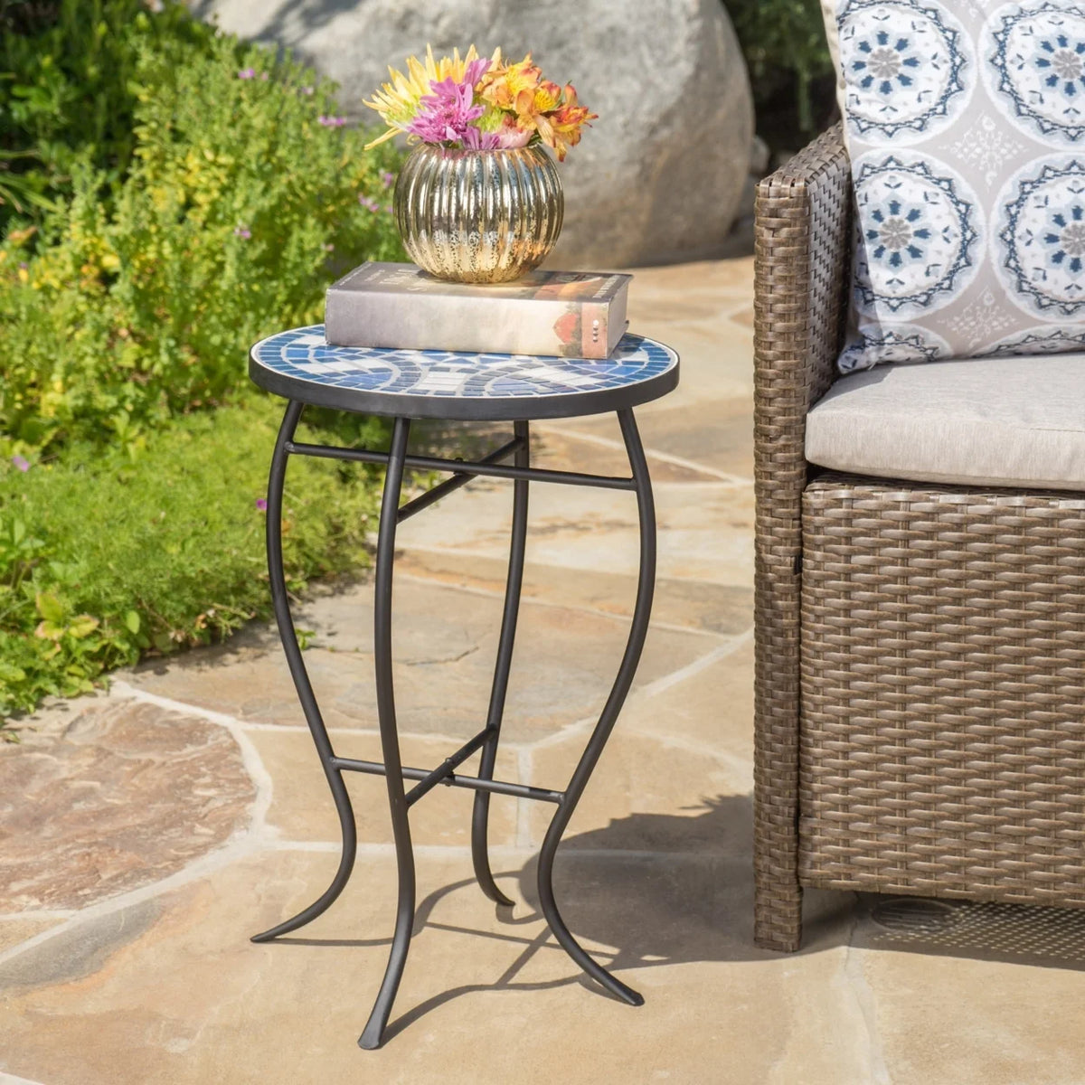 Blue and White Ceramic Tile Iron Frame Side Table W143