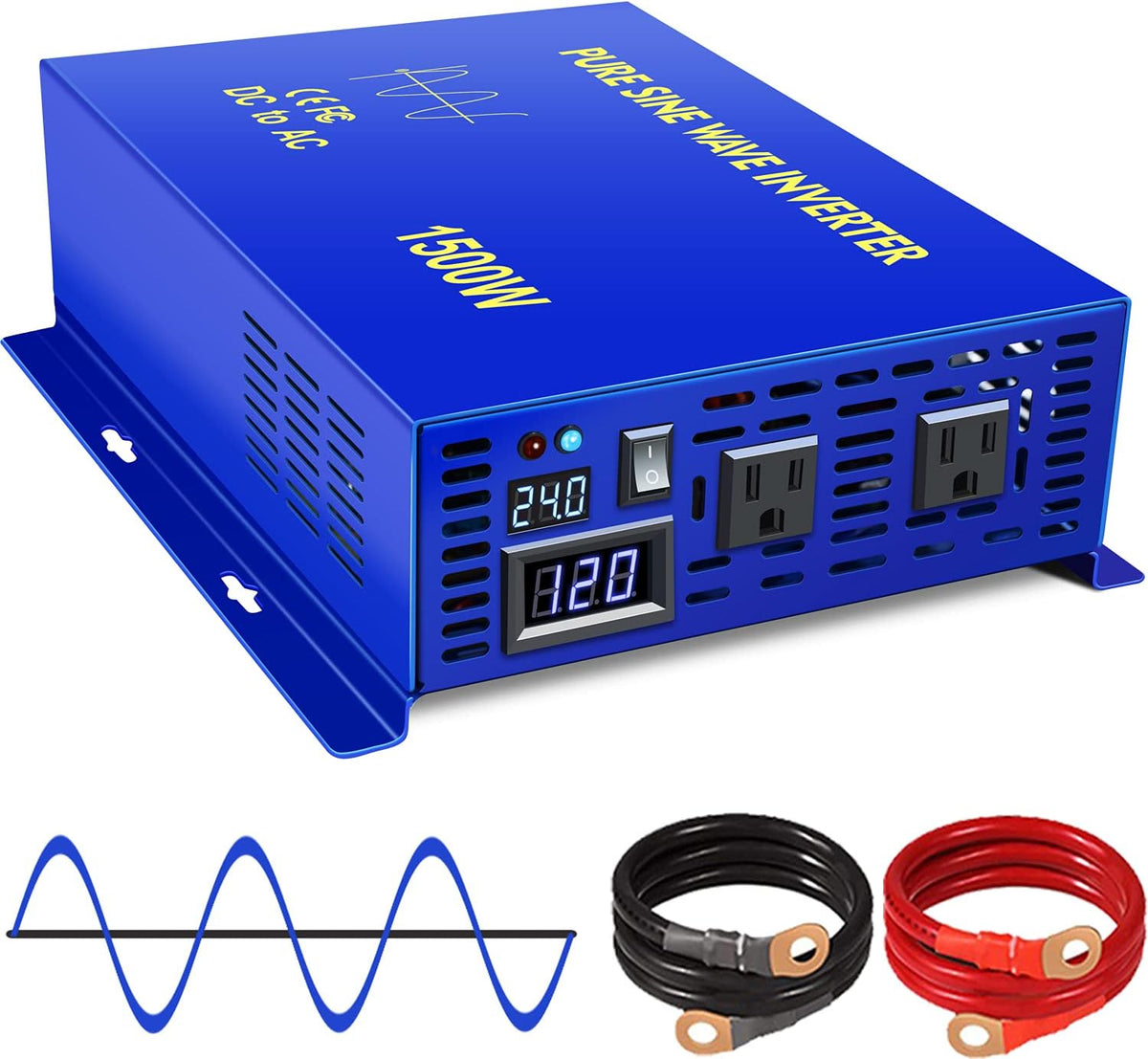 1500W Pure Sine Wave Power Inverter 24V DC to 110V 120V AC with LED Display Dual AC Outlets X757