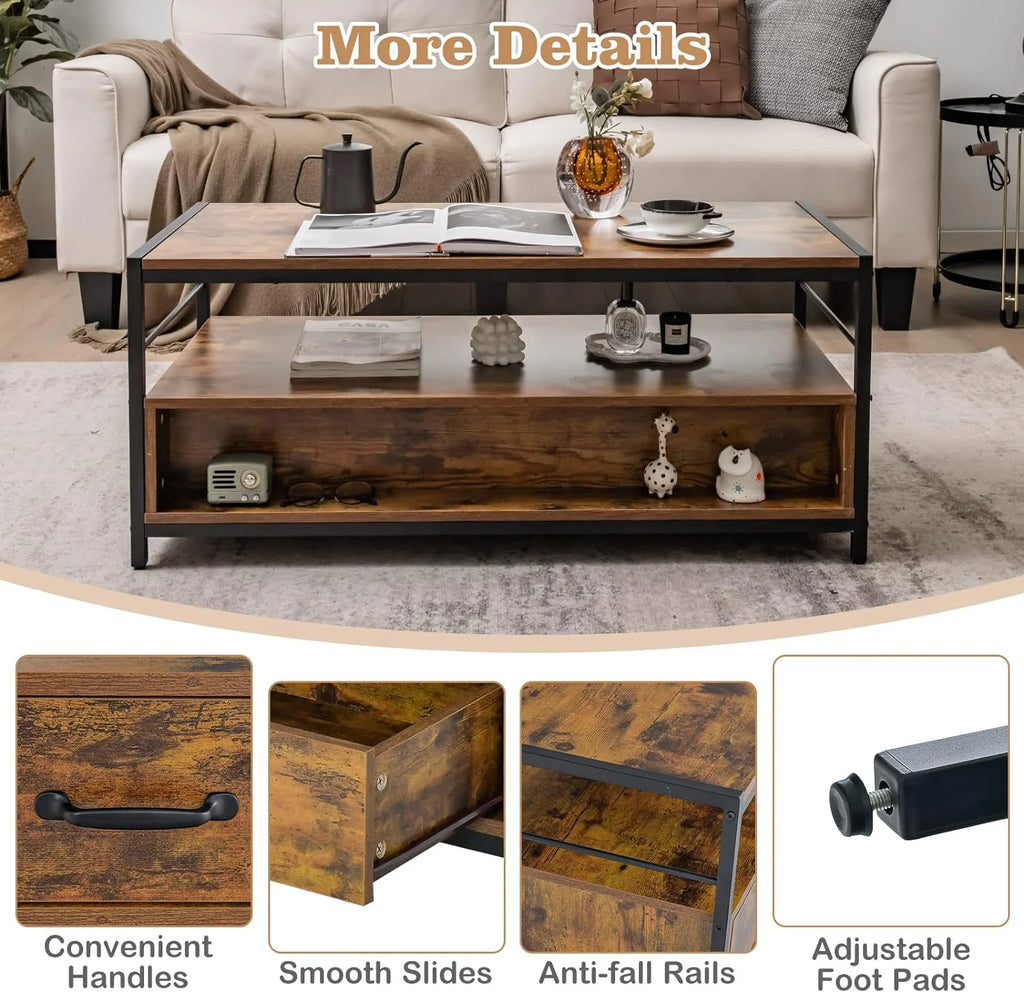 Coffee Table with Storage, Industrial Rectangular Cocktail Table, Metal Frame Wooden Accent Table Q455909