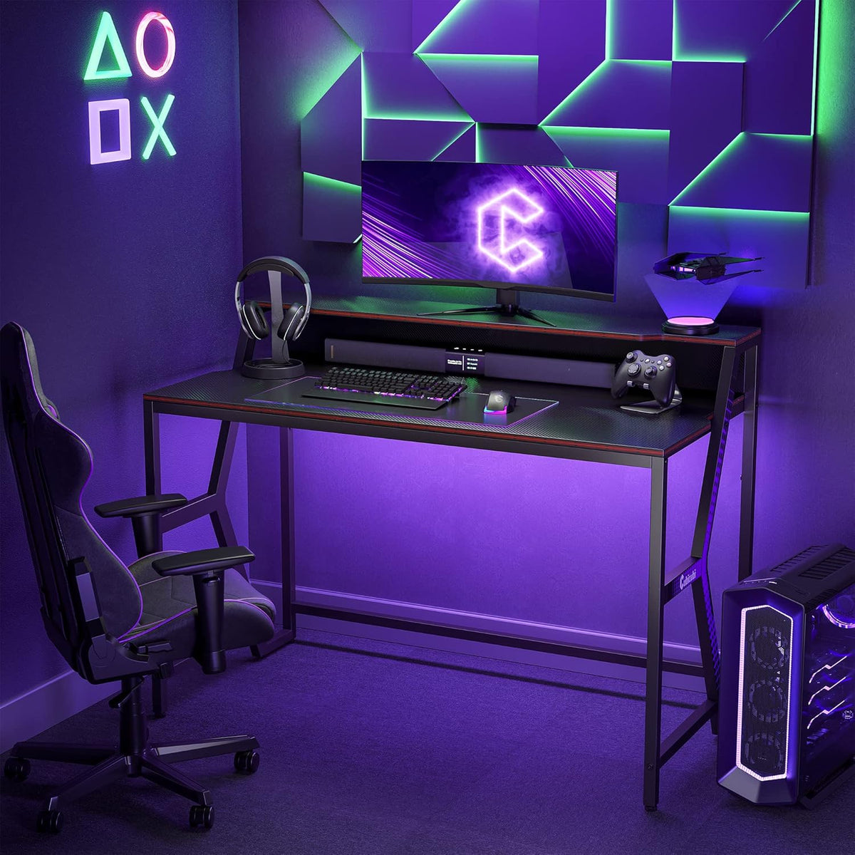 Carbon Fiber Surface Gaming Desk with Monitor Stand V425