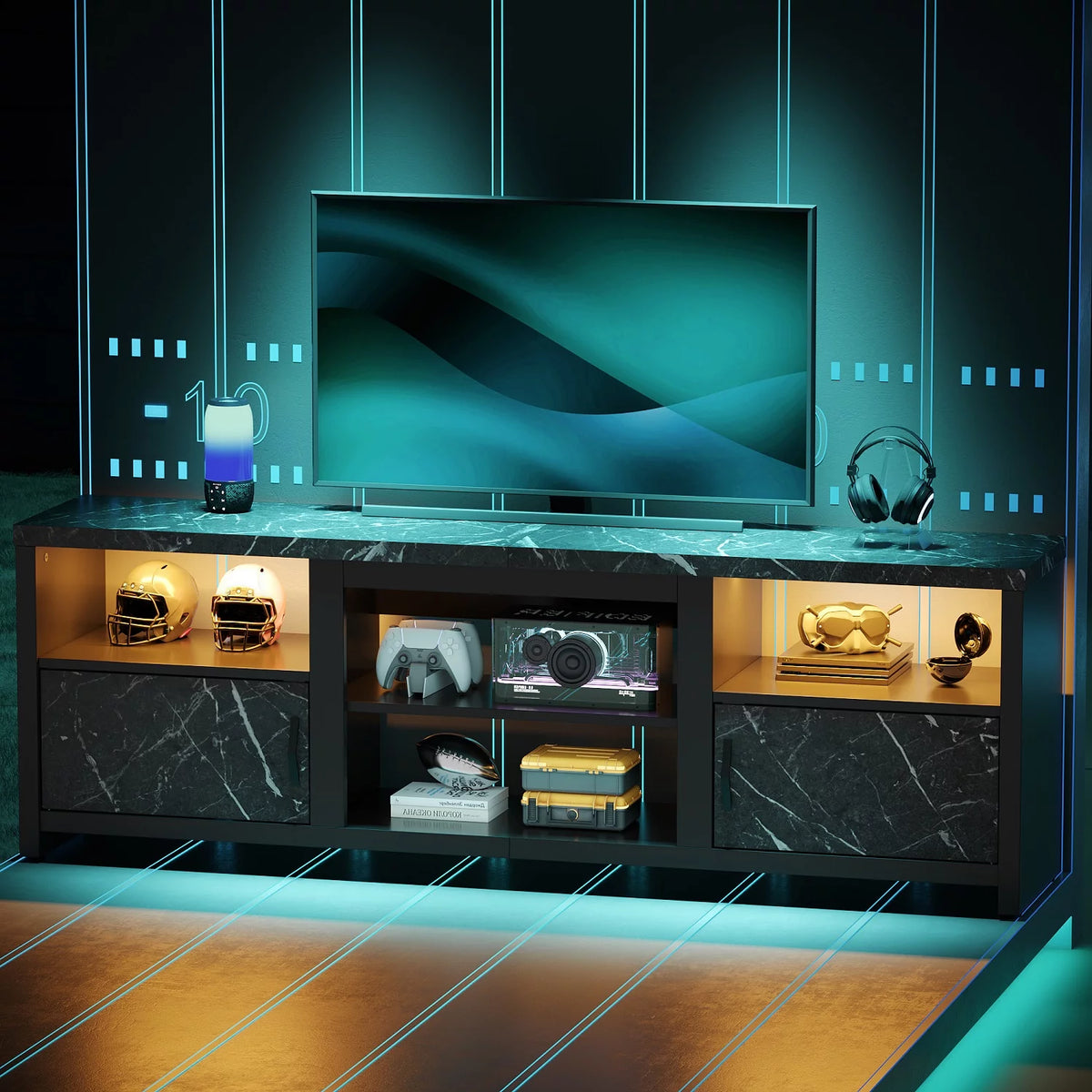 70 LED TV Stand with Cabinet & Open Shelves, Black Marble K97160
