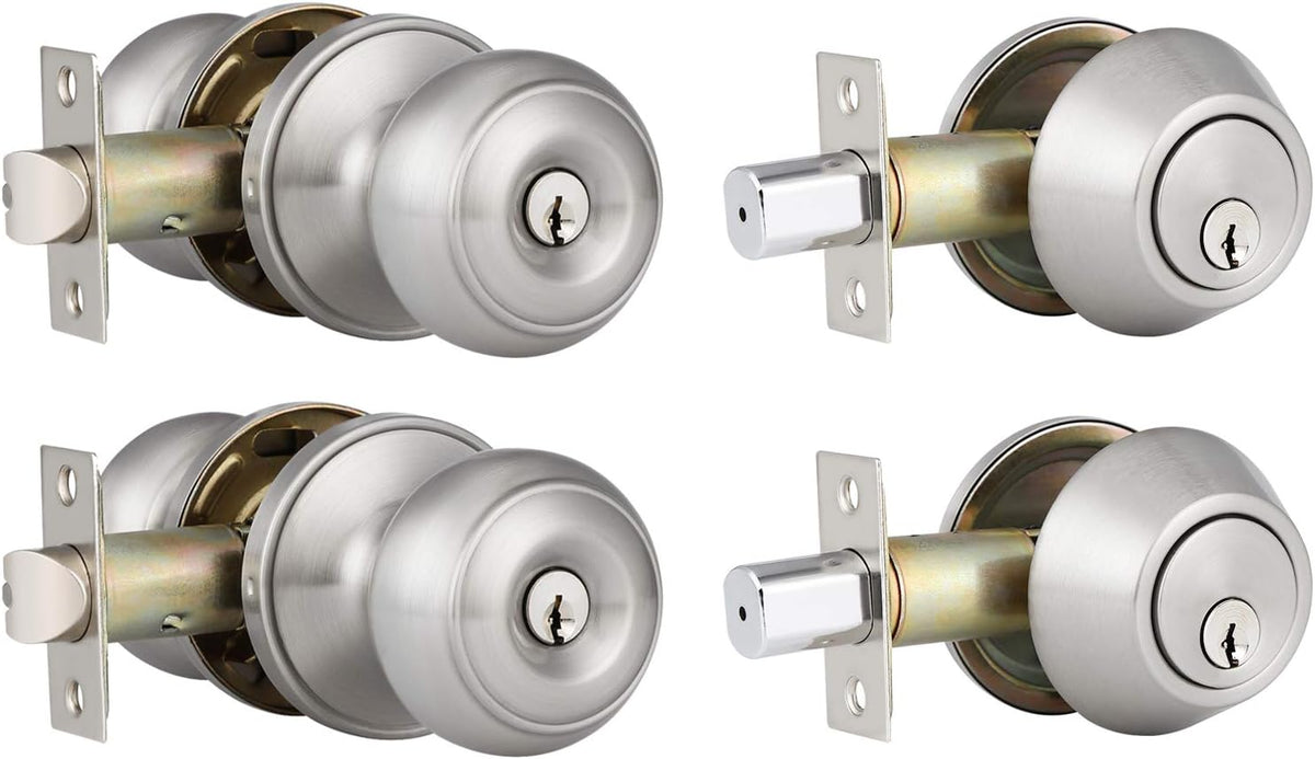 2 Pack Entry Door Knob and Single Cylinder Deadbolt Combo Pack in Satin Nickel, Keyed Alike Y90814