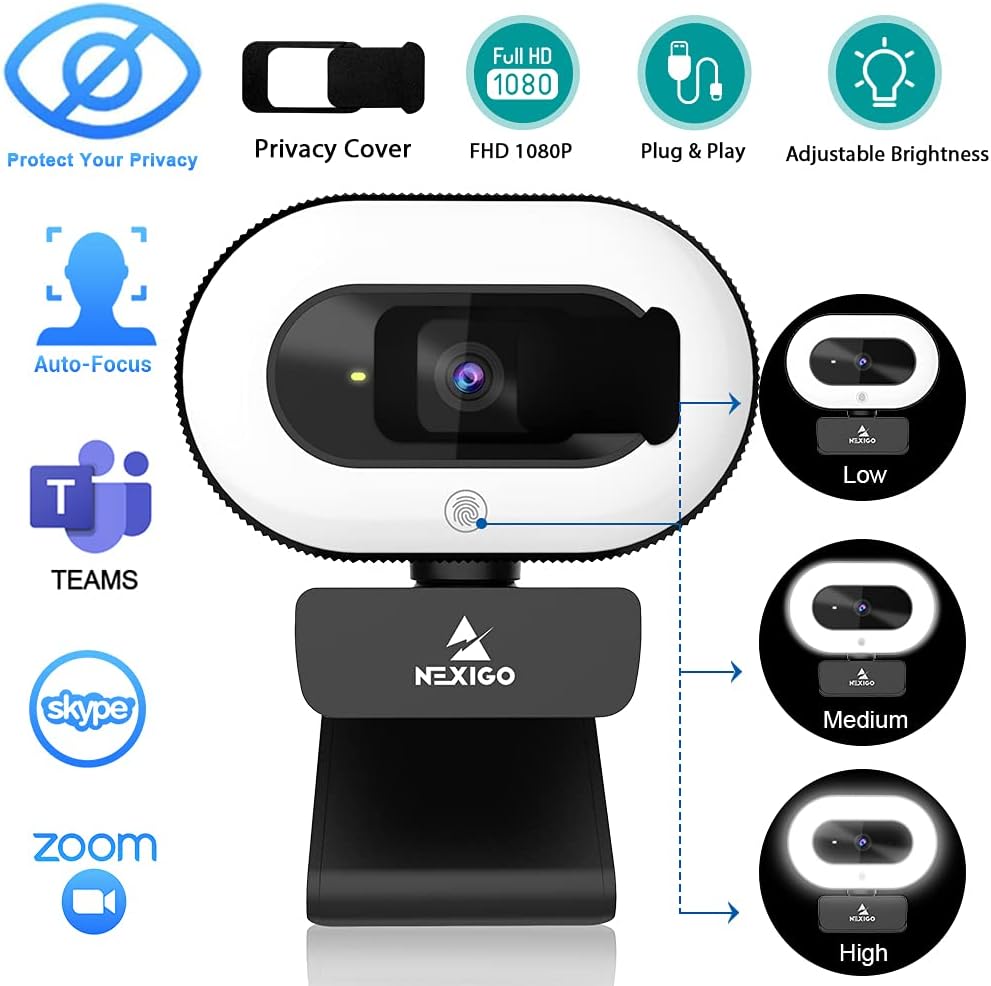 1080P Webcam with Ring Light and Privacy Cover U46752