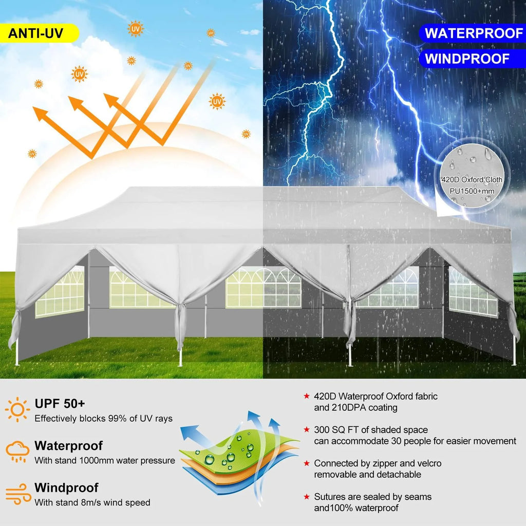 10'x30' Heavy Duty Waterproof Pop Up Canopy with 8 Removable Sidewalls, White M778660