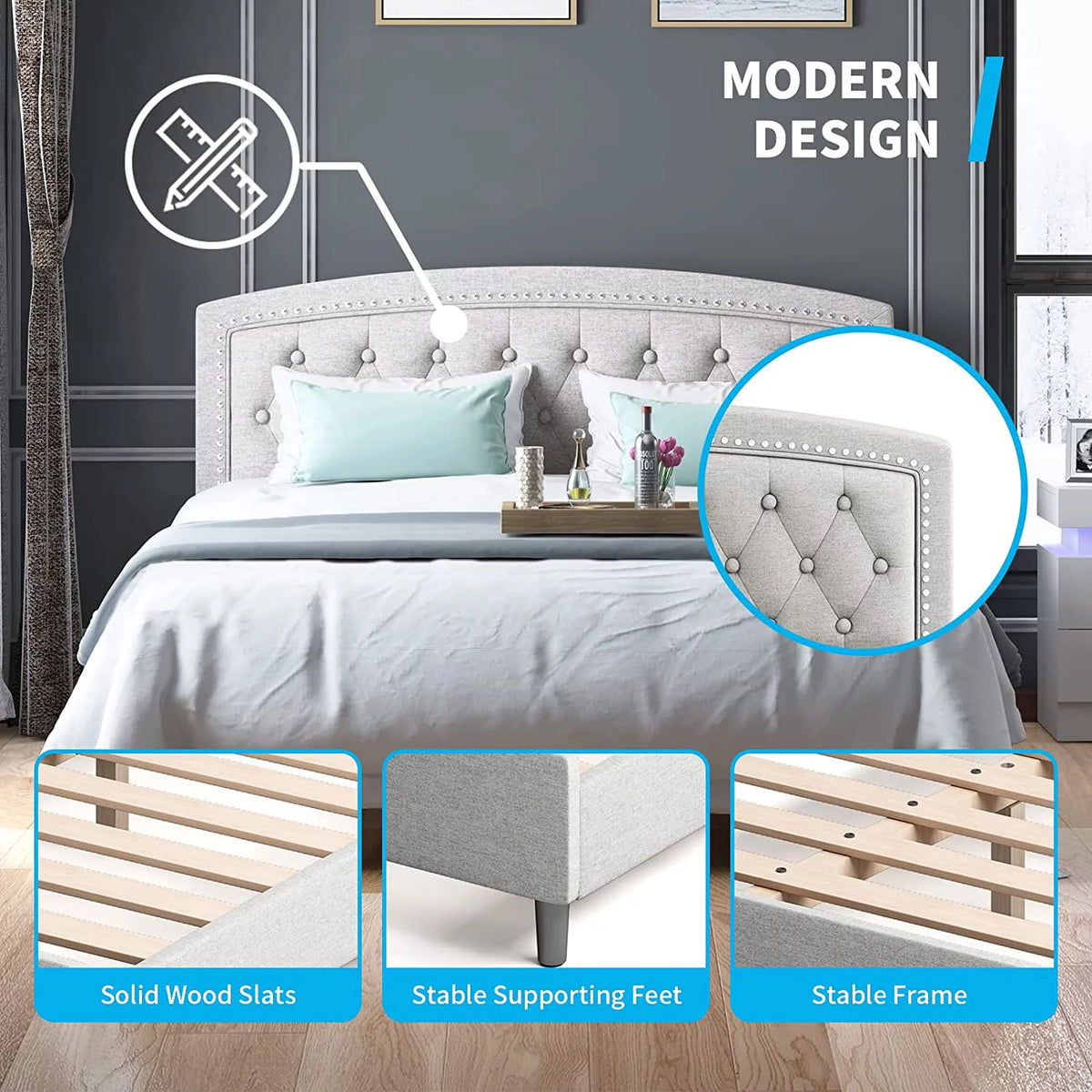 Full Size Light Grey Platform Bed Frame with Headboard Y26349