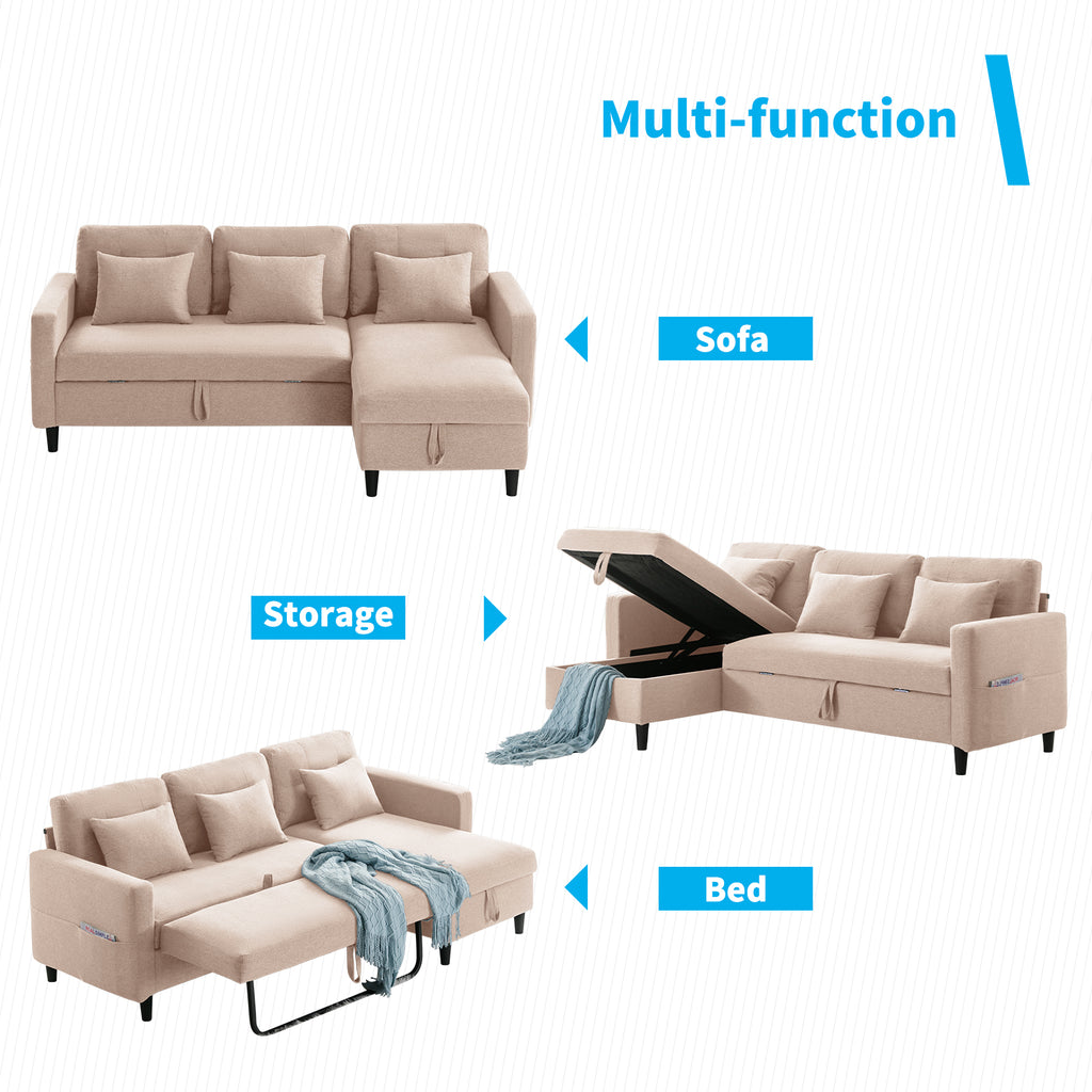 Beige Linen Reversible Sleeper Sectional Sofa with Storage Chaise Y84392