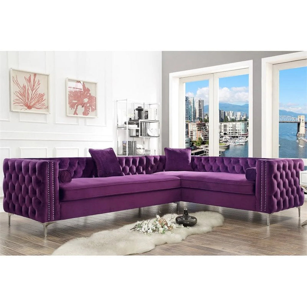 Velvet Right Facing Corner Sectional Sofa in Purple Z236
