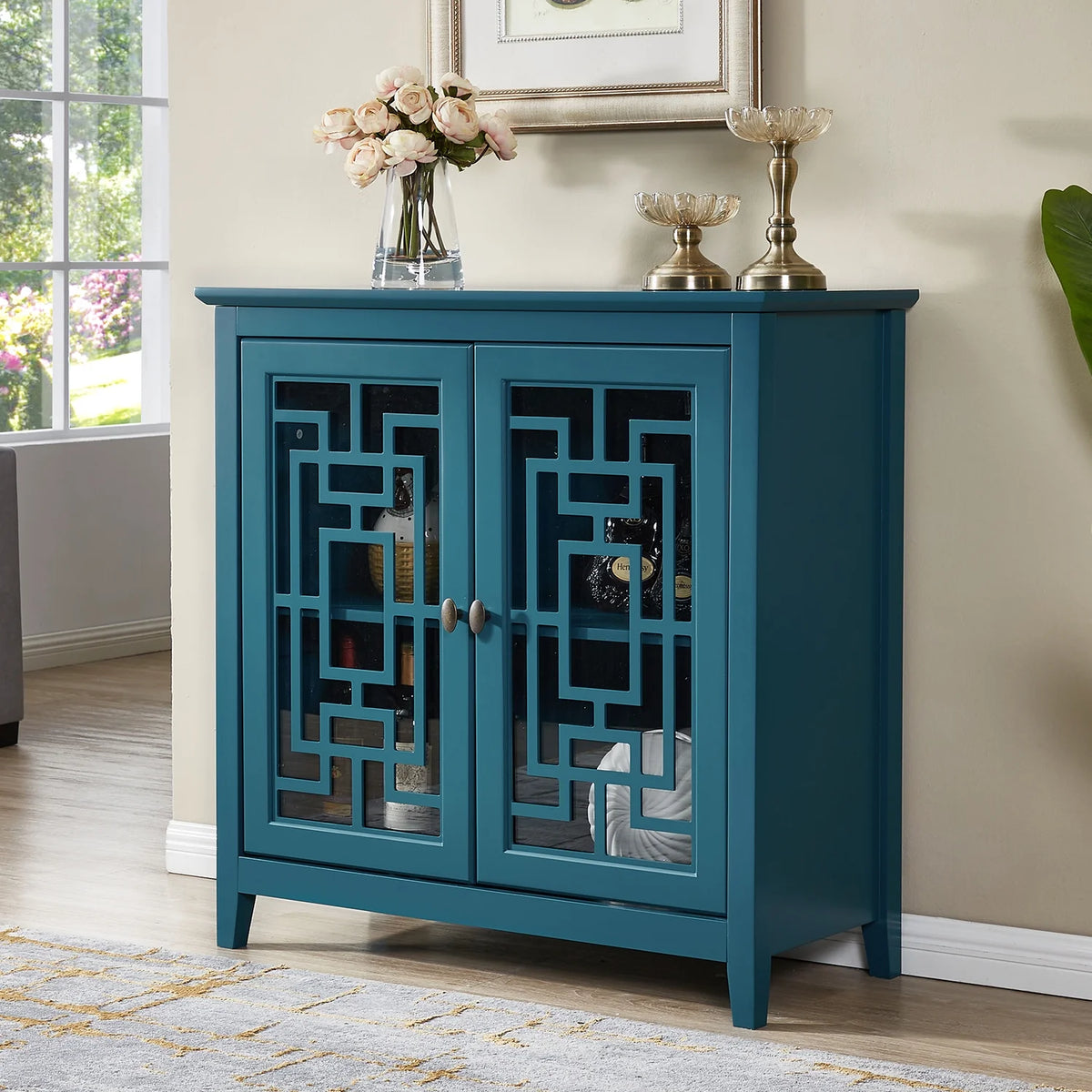 Teal Blue Wooden Buffet Cabinet with Adjustable Shelves I6306