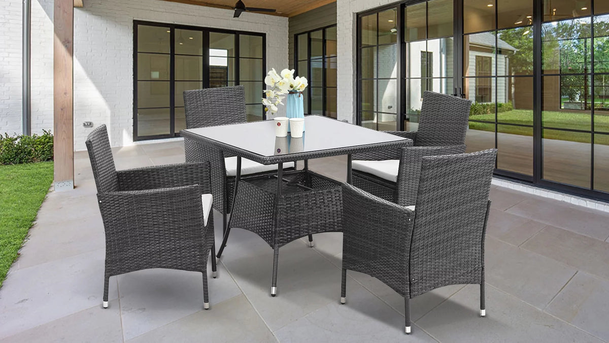 5 Pcs Grey Wicker Patio Dining Set with Umbrella Hole S99315