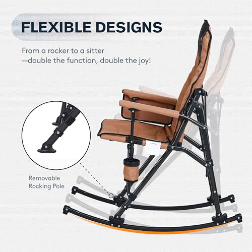 Oversized Folding Rocking Camping Chair with Padded Backrest and Hard Armrests, Brown W517022