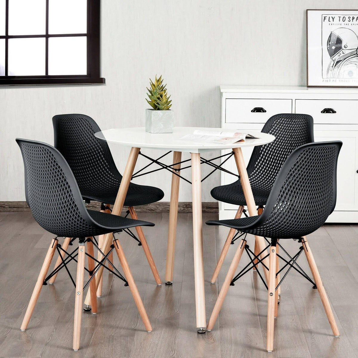 Black 4 Pcs Plastic Hollow Chair Set with Wood Leg H676190