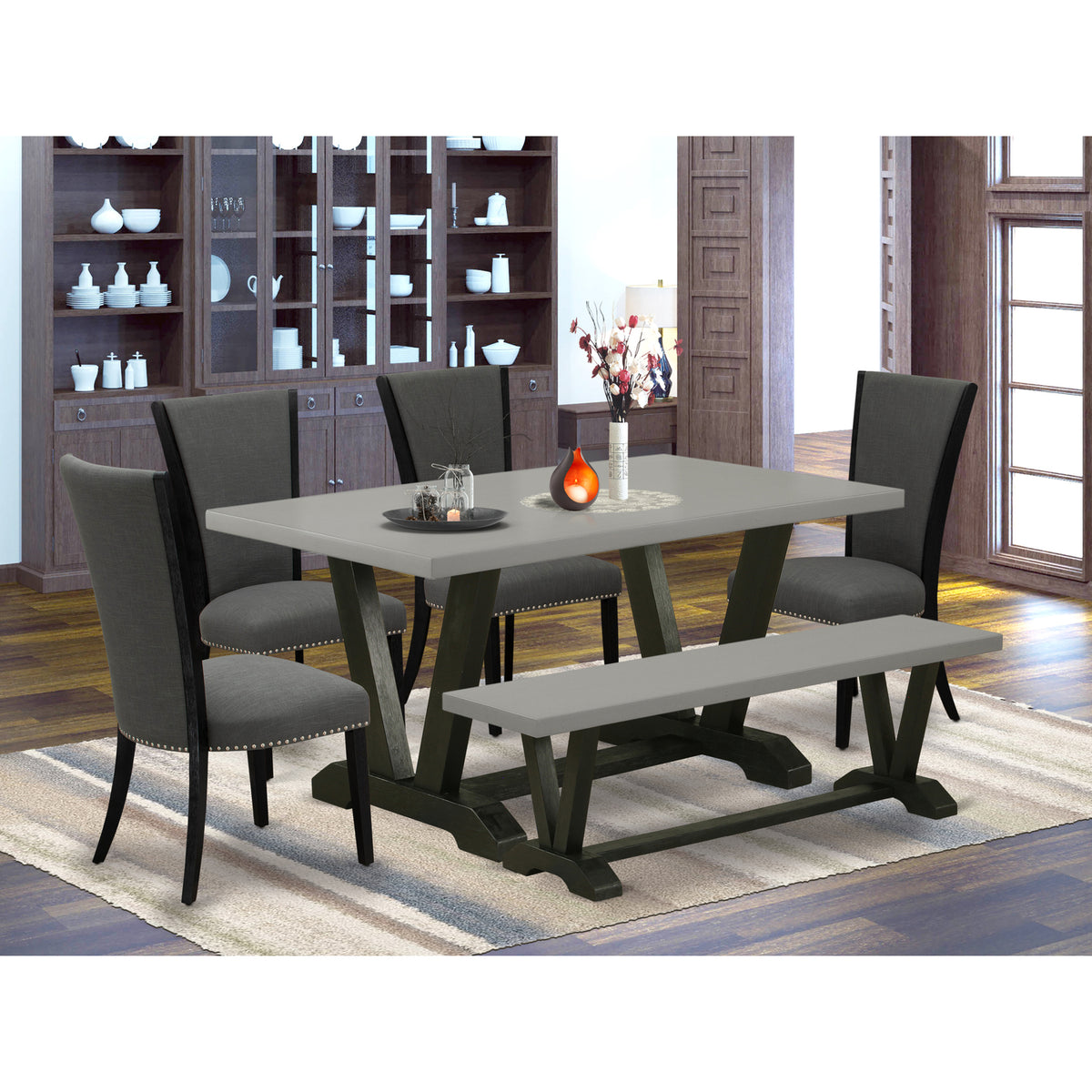 6-piece Wood Dining Set with Fabric Seat in Gray N203