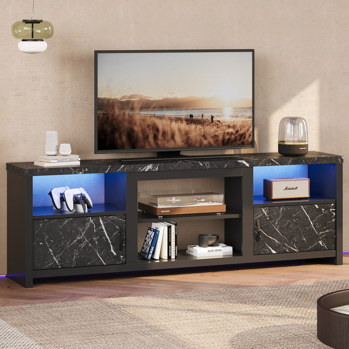 70 LED TV Stand with Cabinet & Open Shelves, Black Marble K97160
