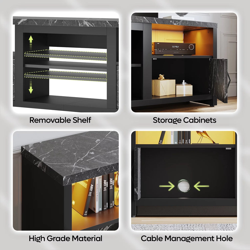 70 LED TV Stand with Cabinet & Open Shelves, Black Marble K97160