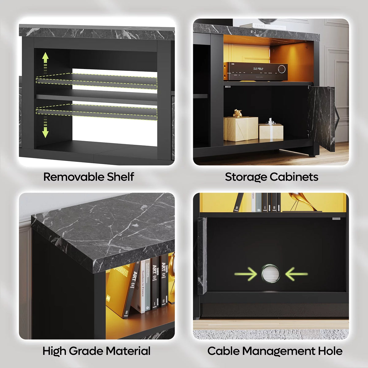 70 LED TV Stand with Cabinet & Open Shelves, Black Marble K97160