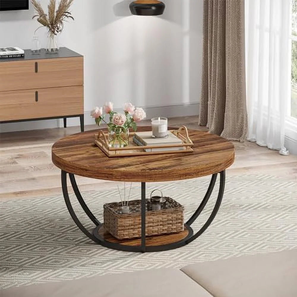 Round 2-Tier Wooden Coffee Table with Shelves Z809