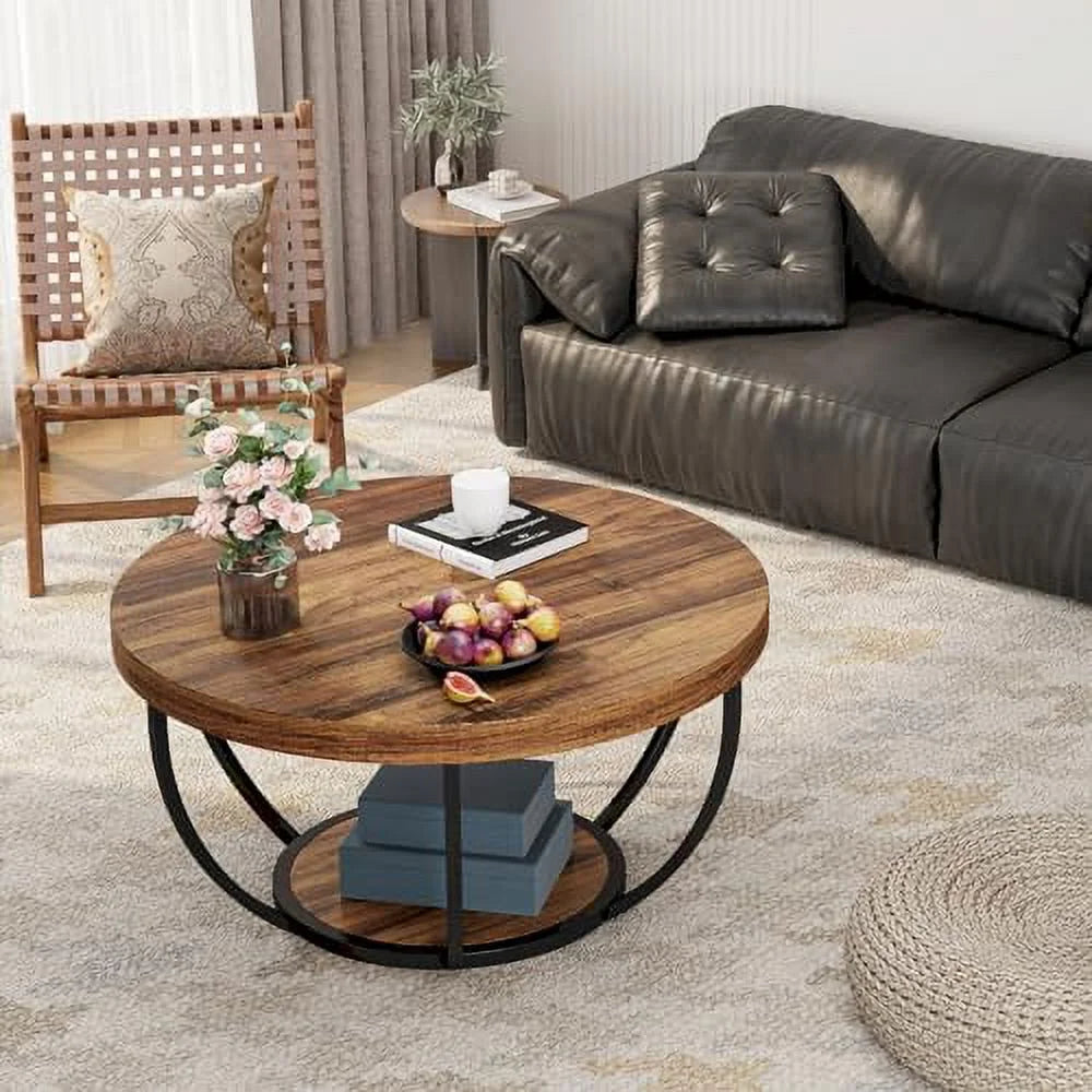Round 2-Tier Wooden Coffee Table with Shelves Z809