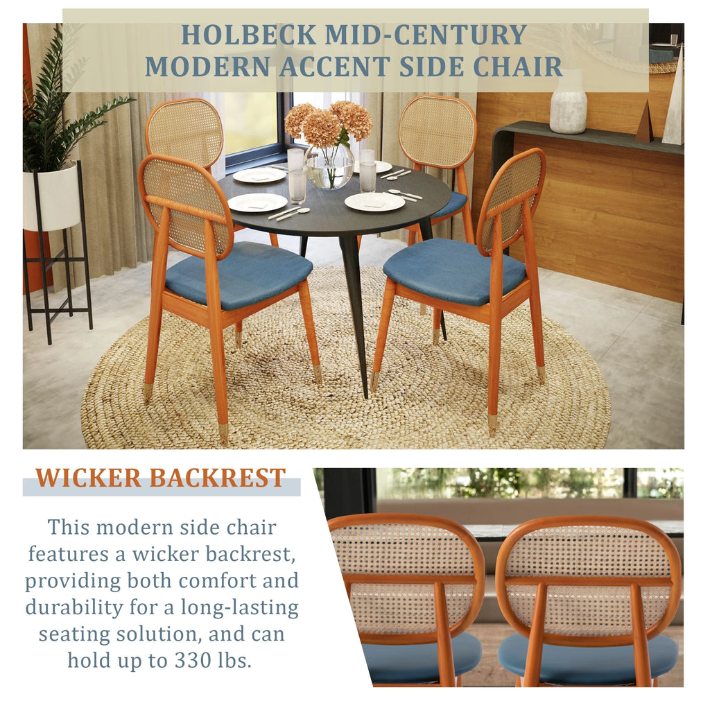 Mid-Century Modern Wicker Dining Chair with Leather Seat and Beech Wood Legs Z749