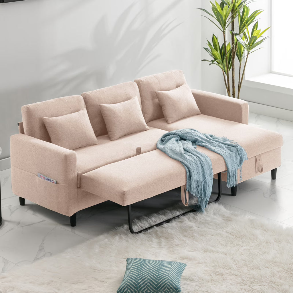 Beige Linen Reversible Sleeper Sectional Sofa with Storage Chaise Y84392