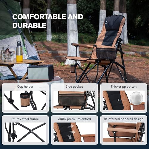 Oversized Folding Rocking Camping Chair with Padded Backrest and Hard Armrests, Brown W517022