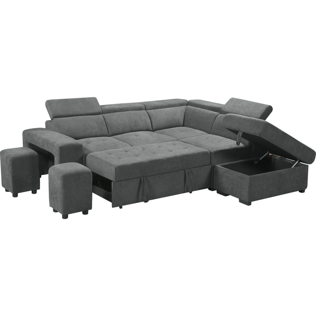 Light Gray Sleeper Sectional Sofa with Storage Ottoman and 2 Stools K72921