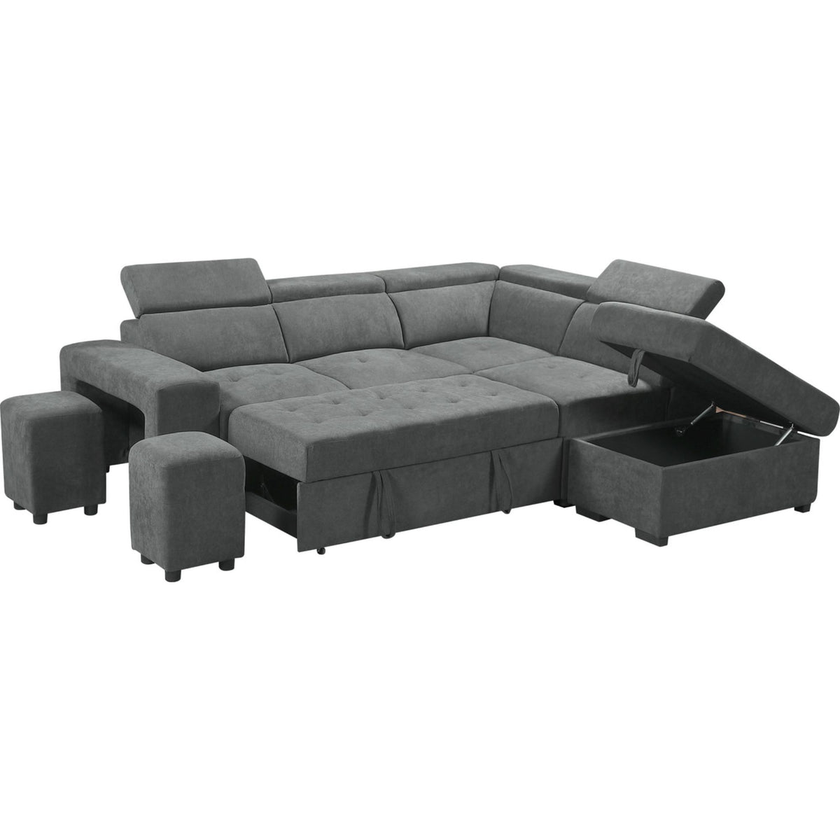 Light Gray Sleeper Sectional Sofa with Storage Ottoman and 2 Stools K72921