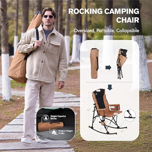 Oversized Folding Rocking Camping Chair with Padded Backrest and Hard Armrests, Brown W517022