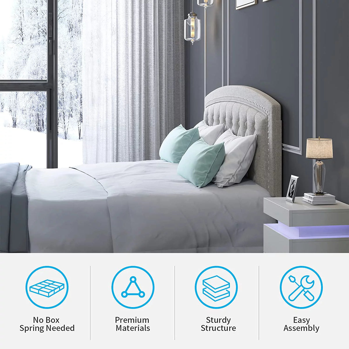 Full Size Light Grey Platform Bed Frame with Headboard Y26349