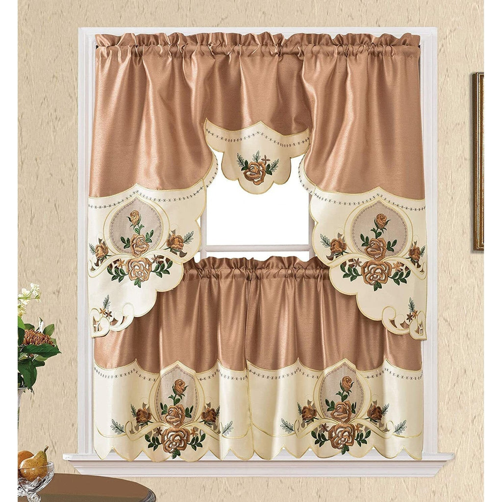 Gold Sun Flower Embroidery Kitchen Curtain 3PC Set R64535