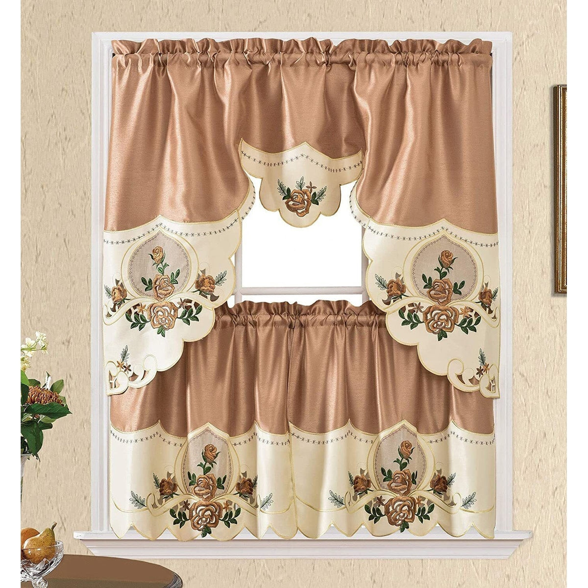 Gold Sun Flower Embroidery Kitchen Curtain 3PC Set R64535