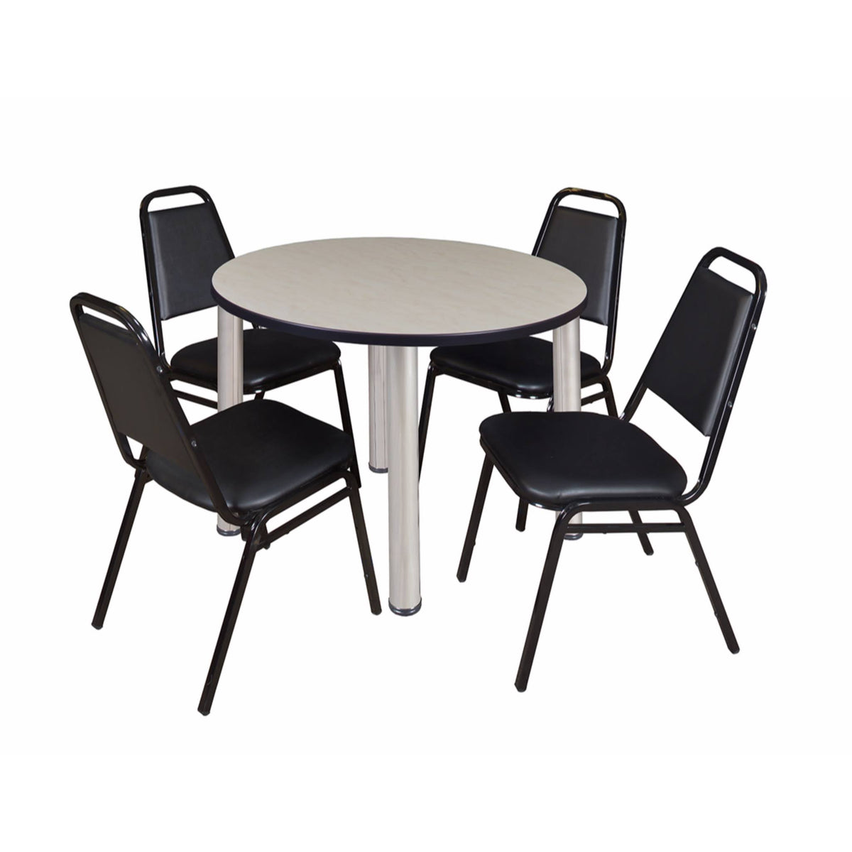 36x22 Round Breakroom Table Maple Chrome with 4 Stack Chairs Black E389519