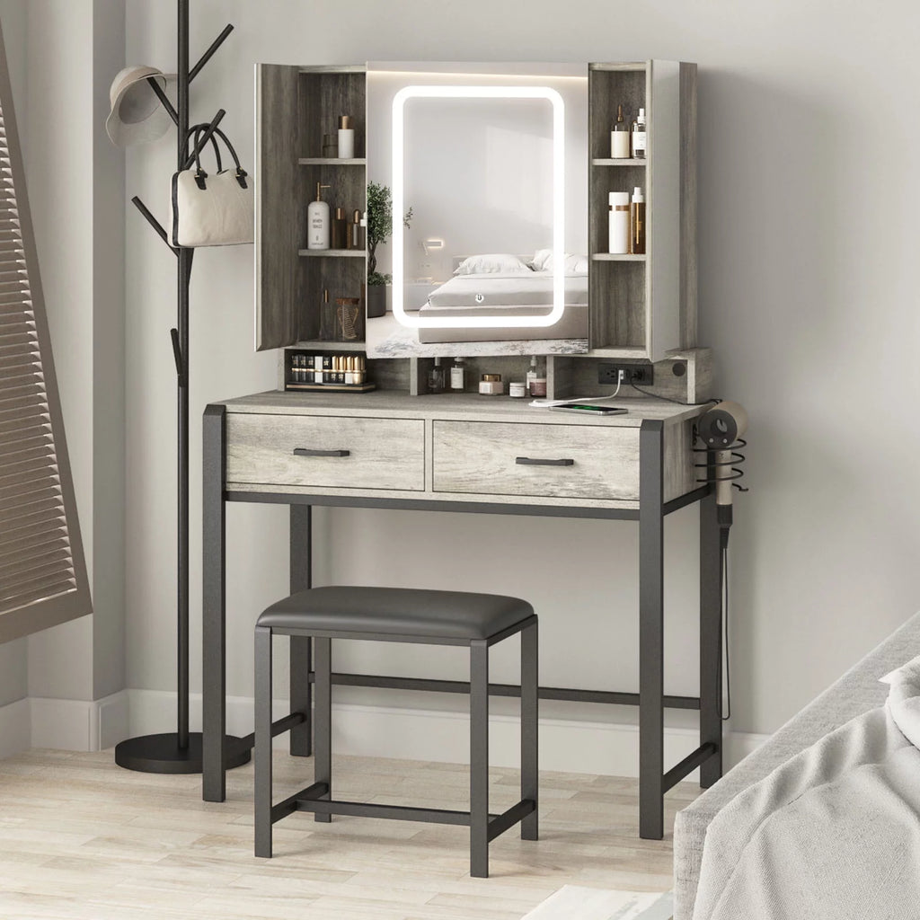 35.4in Makeup Vanity Desk with Lighted Mirror and Power Strip L207