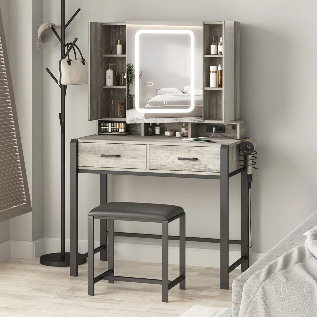 35.4in Makeup Vanity Desk with Lighted Mirror and Power Strip L207