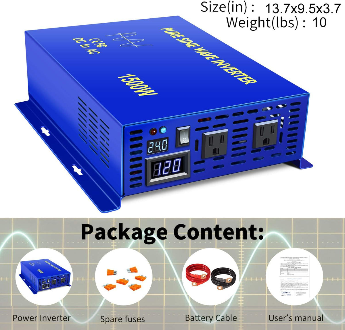 1500W Pure Sine Wave Power Inverter 24V DC to 110V 120V AC with LED Display Dual AC Outlets X757