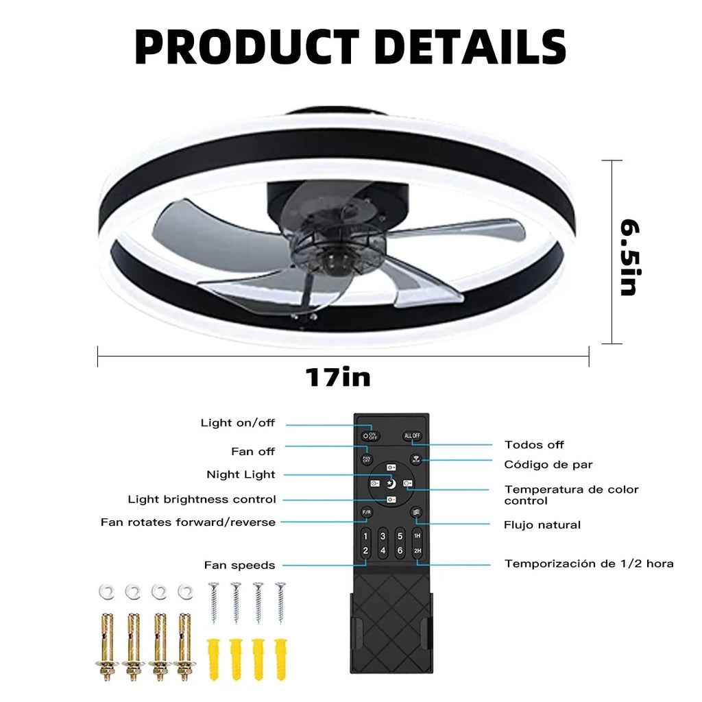 Black Modern Low Profile Ceiling Fan with Light L332