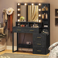 Black Makeup Vanity with Lights and Charging Station, 5 Drawers and Mirror R8747