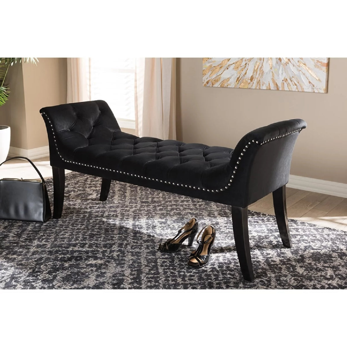 Black Velvet Upholstered Bench X9961