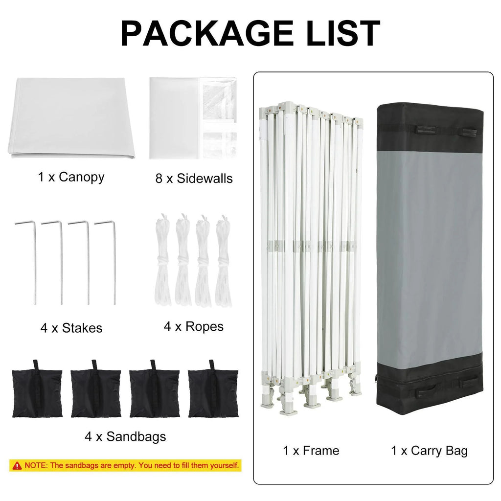 10'x30' Heavy Duty Waterproof Pop Up Canopy with 8 Removable Sidewalls, White M778660